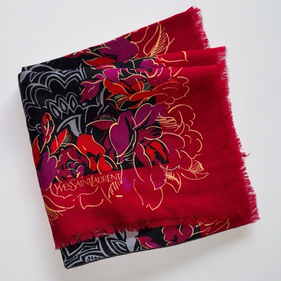 Yves Saint Laurent Wool Shawl Vintage YSL Rose Print - Picture 9 of 15